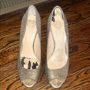 Vince Camuto Glittering Silver Peep-Toe Heels 38 / Size 8